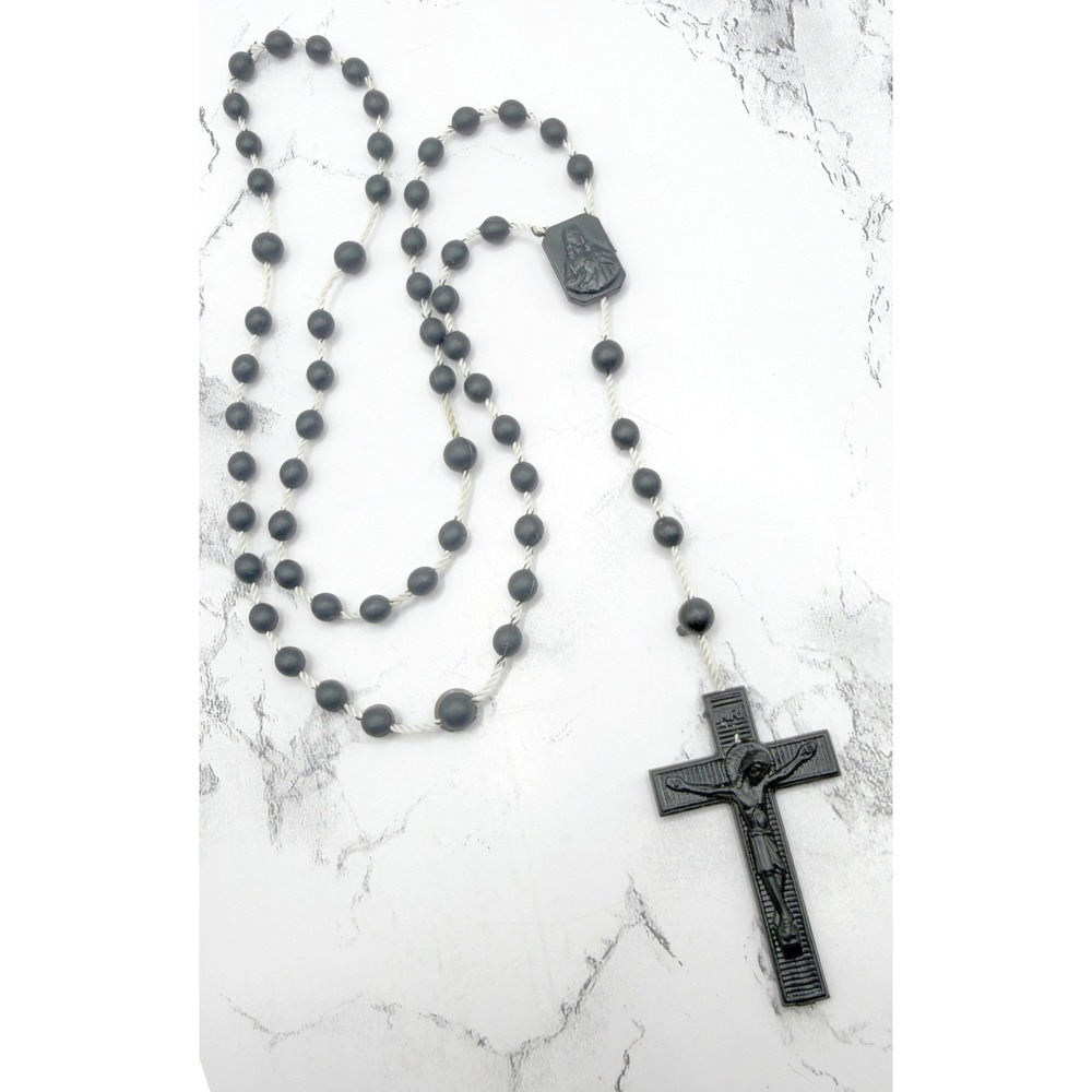 Vintage Rosary Necklace Black Glass Beads Italy Crucifix 33"